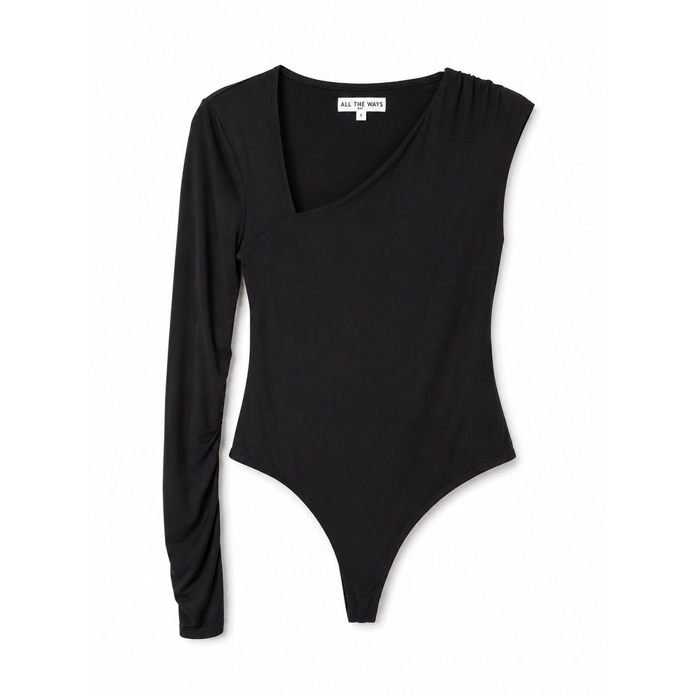 ALL THE WAYS Revolve Black One Shoulder Ruched Long Sleeve Bodysuit Large